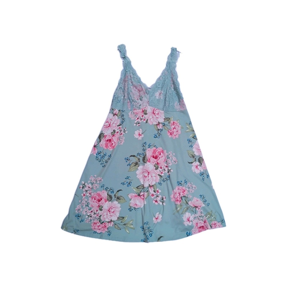 Flora Nikrooz Babydoll Floral Lace Chemise Nightgown L Green Pink Multicolor